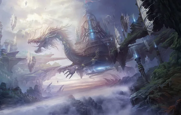 Fog, castle, dragon, art