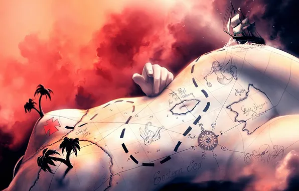 Palm trees, fantasy, body, ship, mermaid, map, art, nudity