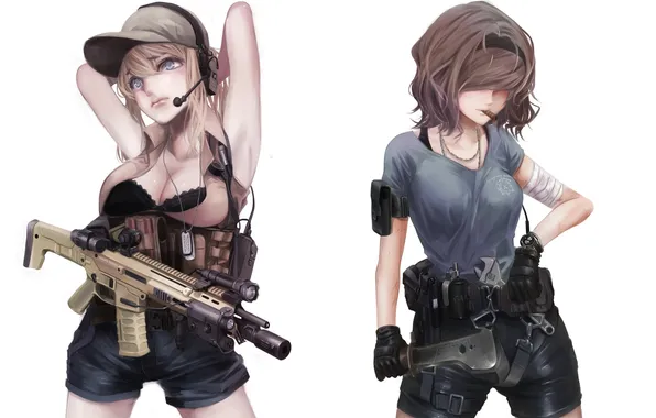 Weapons, girls, art, white background, terabyte