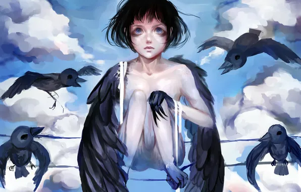 Picture birds, wings, girl, crows, black
