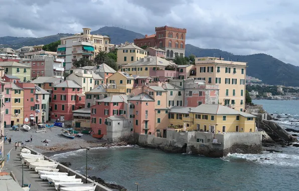 Sea, clouds, paint, home, boats, Italy, Genoa, Boccadasse