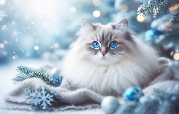 Winter, cat, cat, balls, snow, snowflakes, Christmas, New year