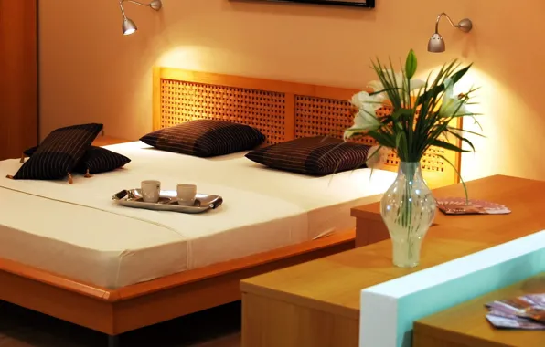 Light, flowers, orange, design, style, lamp, room, bed