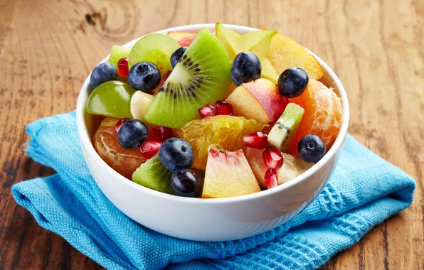 Picture kiwi, blueberries, fruit, peach, garnet, salad