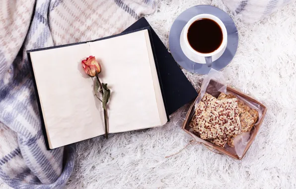 Rose, coffee, book