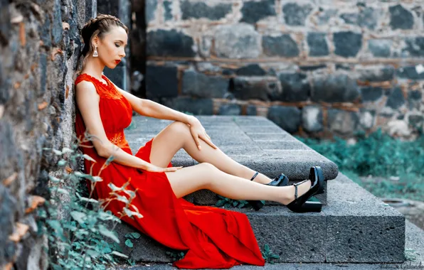 Picture girl, red, pose, wall, dress, ladder, shoes, legs
