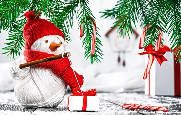 Background, gift, spruce, branch, New year, snowman, box, gift