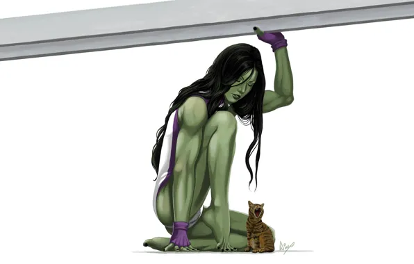 Picture white, purple, cat, green, hair, costume, gloves, MARVEL