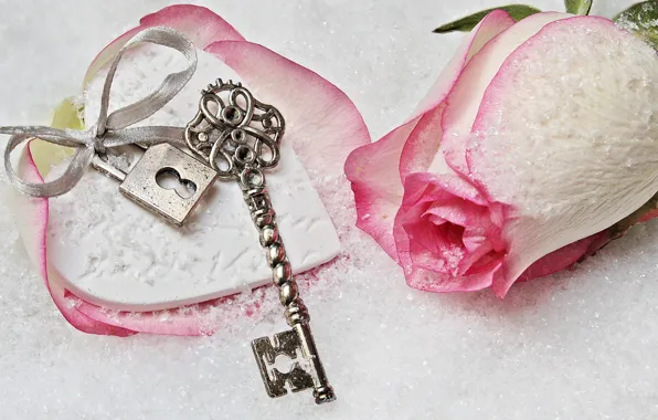Picture love, rose, heart, winter, snow, key, romantic, lock