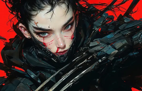 Girl, Anime, warrior, Red Background, Cyberpunk, Anime Girl, AI Generated, Claw