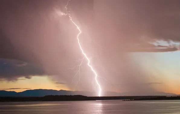 Mountains, nature, lake, lightning
