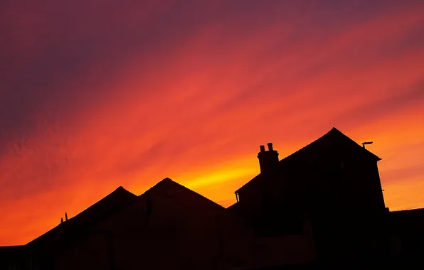 Roof, the sky, clouds, home, silhouette, glow