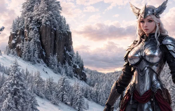 Winter, forest, the sky, girl, snow, mountains, armor, North