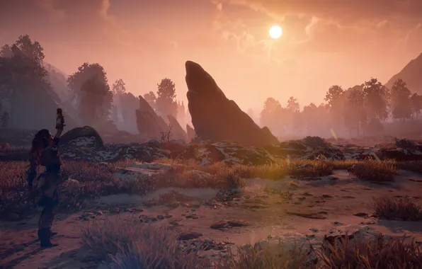 Picture landscape, sunset, stones, postapokalipsis, stand, exclusive, Playstation 4, Guerrilla Games
