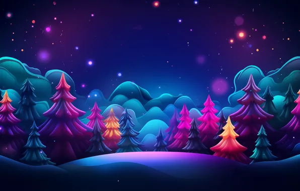Winter, forest, snow, night, lights, darkness, lights, the dark background