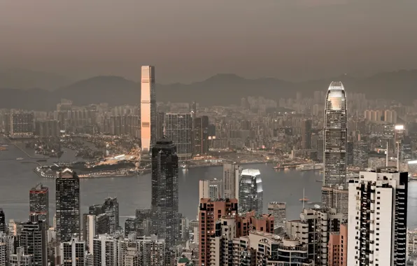 Sea, mountains, Hong Kong, skyscrapers, port, panorama, China, megapolis