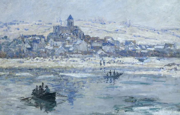 Landscape, river, boat, picture, Claude Monet, Vétheuil In Winter