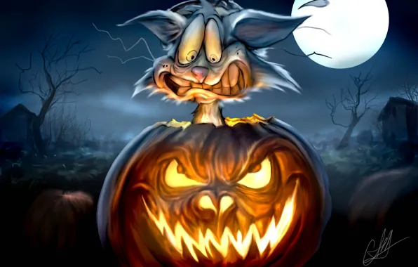 Night, the moon, monster, Cat, pumpkin, horror