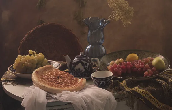 Table, lemon, tea, basket, apples, kettle, pie, grapes