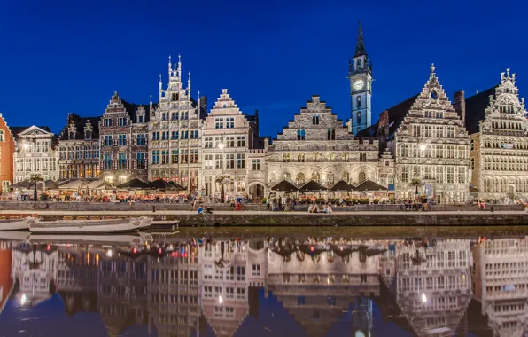 Fox, reflection, river, building, Belgium, promenade, Belgium, Ghent