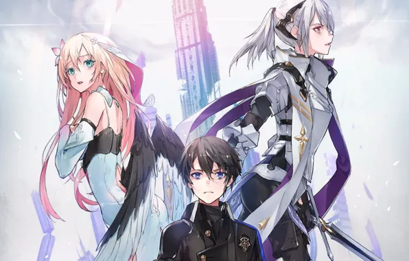 Picture the sky, tower, wings, sword, costume, emblem, guy, blue eyes