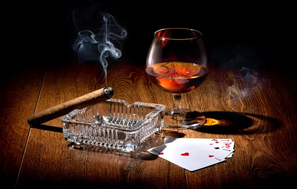 Picture card, light, table, wine, smoke, glass, cigar, twilight