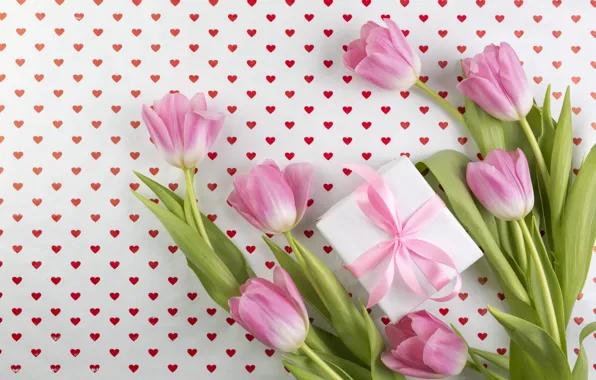 Flowers, background, gift, bouquet, hearts, tulips, pink