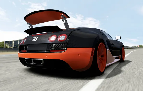 The sky, clouds, speed, track, Bugatti, veyron, spoiler, Supersport
