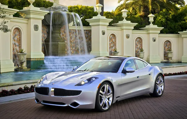 Water, palm trees, fountain, car, EVer, The Fisker Karma