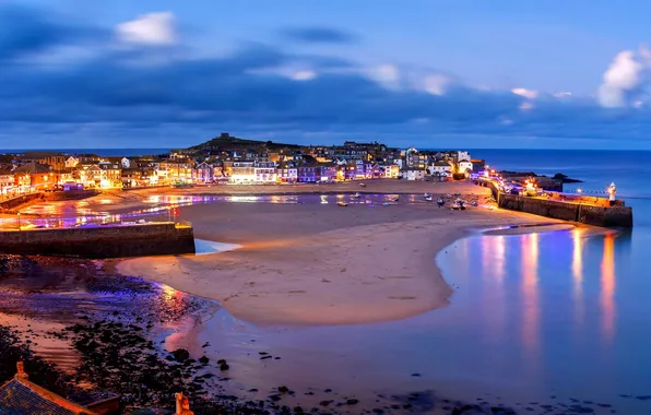 Picture sea, lights, England, home, Bay, the evening, tide, town