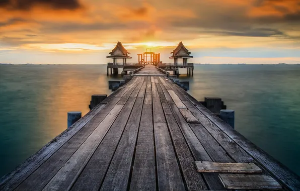 Morning, sunrise, thailand, phuket, pier, Wooded bridge, pattaya