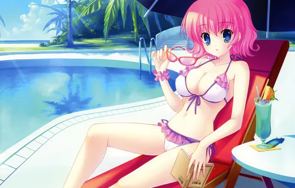Swimsuit, girl, palm trees, pool, glasses, cocktail, book, to yuyukan