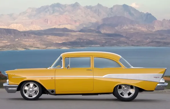 Picture retro, Mountains, Yellow, Lake, Chevrolet, Machine, Day, Side view