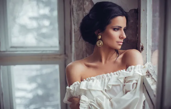 Look, girl, model, the situation, earrings, window, profile