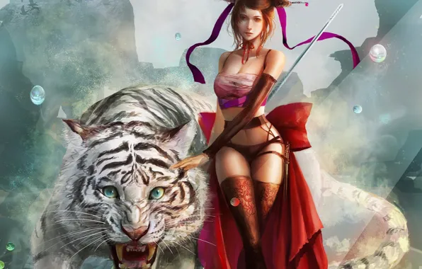 Picture look, girl, tiger, fiction, animal, hair, stockings, art