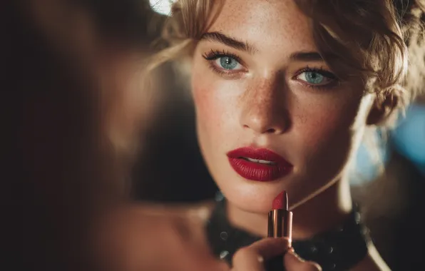 Girl, light, face, reflection, portrait, makeup, mirror, lipstick
