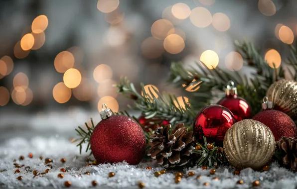 Winter, snow, branches, lights, Christmas, red, New year, beads