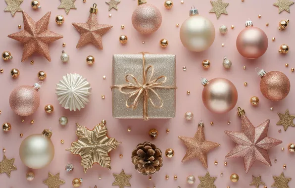 Stars, balls, box, gift, Christmas, New year, gold plated, bump