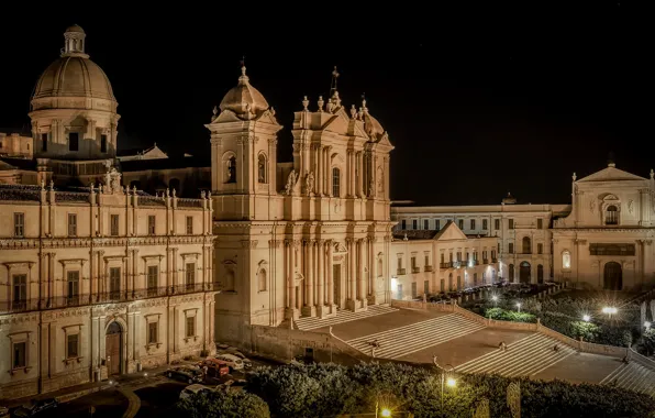 Night, lights, Italy, Cathedral, Sicily, Noto