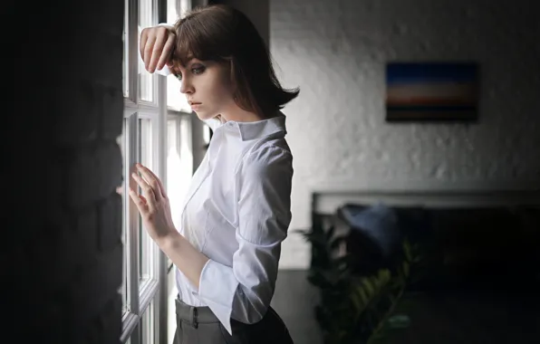 Pose, room, model, skirt, makeup, hairstyle, blouse, brown hair