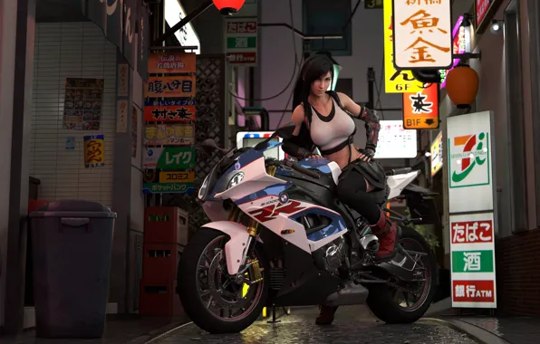 Picture bicycle, Final Fantasy, black stockings, night, red eyes, street, women, brunette