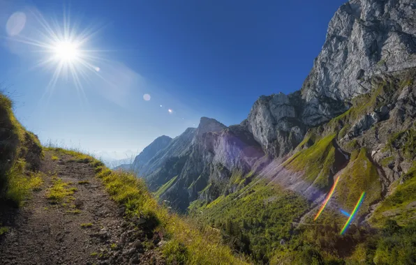 Picture the sun, mountains, path