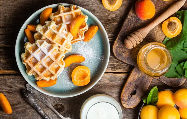 Table, plate, Bank, honey, waffles, cakes, slices, apricots