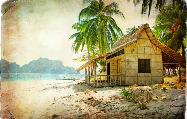 Sea, beach, Palma, hut, boat, vintage, vintage, coconuts