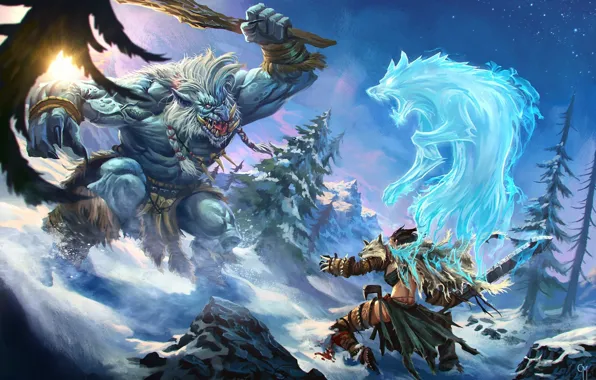 Snow, monster, spirit, warrior, fantasy, art, battle