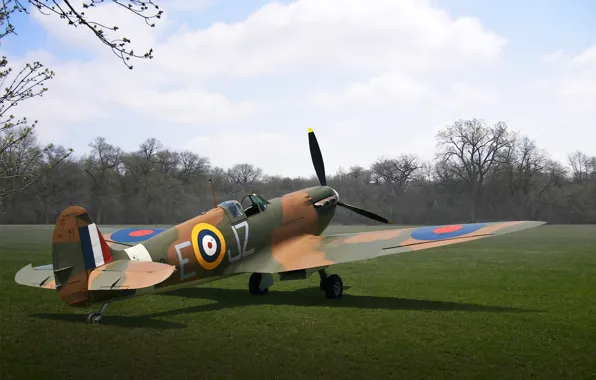 Field, grass, figure, art, the plane, WW2, the English fighter, Supermarine Spitfire Mk I