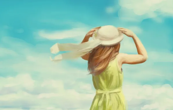 Picture summer, girl, tape, the wind, hat, art, back