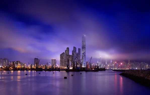 Sea, the sky, lights, reflection, color, Marina, the evening, port