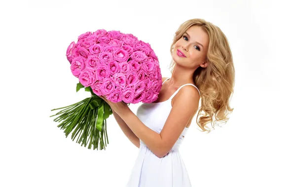 Picture flowers, smile, roses, bouquet, makeup, dress, hairstyle, blonde