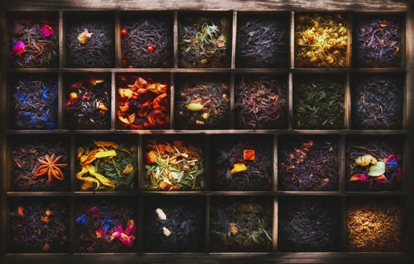 Picture tea, box, cell, different varieties, 101 tea